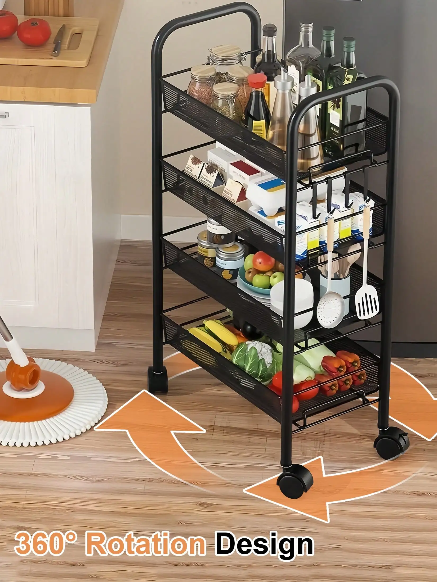 Rolling Utility Cart Organizer, Stable And Sturdy Black Rolling Storage Carts With Wheels, Storage Cart For Bathroom, Kitchen, Snack, Craft, Makeup, Kitchen Storage And Organization, Daily Essentials, Shelf Rack Dish Drying Rack Utensil, 3/4/5 Tier