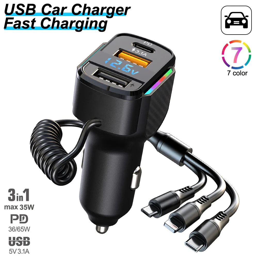 

Car Cigarette Lighter QC3.0 Type C 3 in 1 Digital display Car USB Fast Charging Retractable USB Car Charger USB Charger Adapter