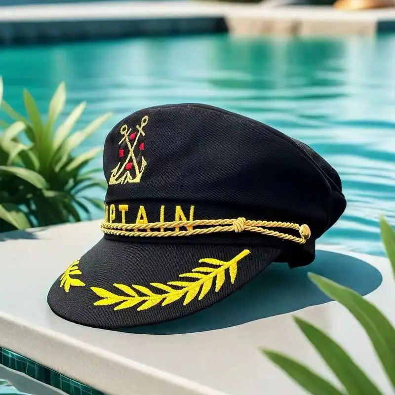 HongLuan Women men Black Navy Party Army Accessories Service Cap Anchor Logo Gold Stud Decoration Simple Classic Style Parties