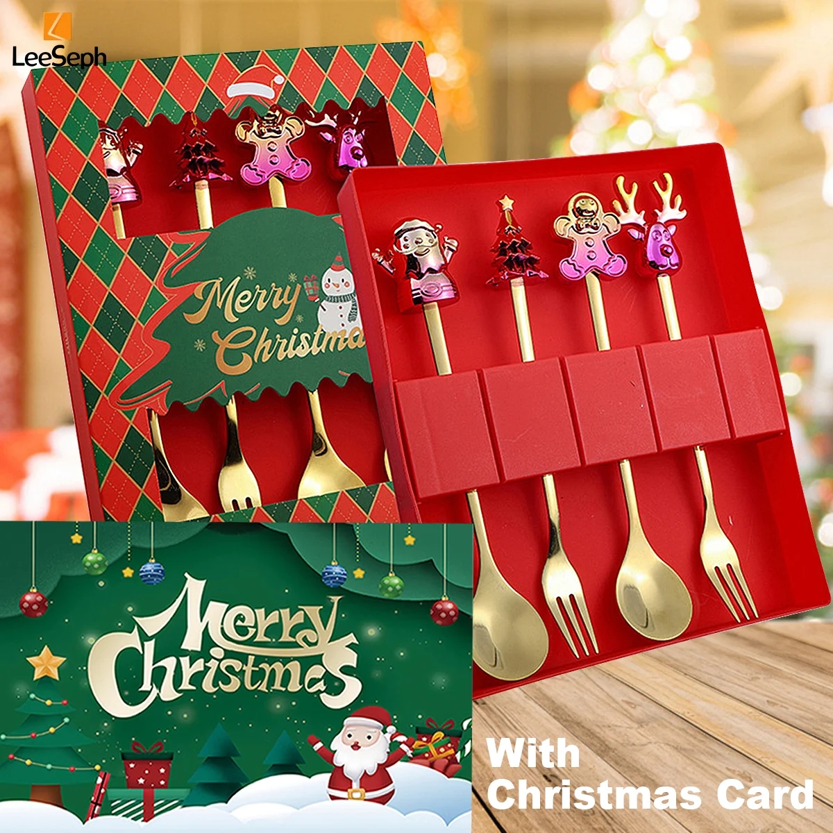 Christmas Coffee Spoons Forks Gift Box Set with 1 Christmas Card, Xmas Coffee Spoon Dinner Forks Dessert Spoon Tableware Gift