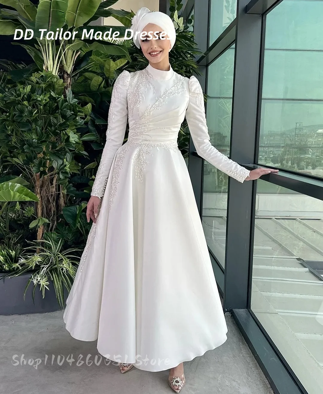 

Muslim Prom Dress Beaded Long Sleeves Satin A-Line Long Wedding Reception Gown Customized Arabic Formal Evening Dresses