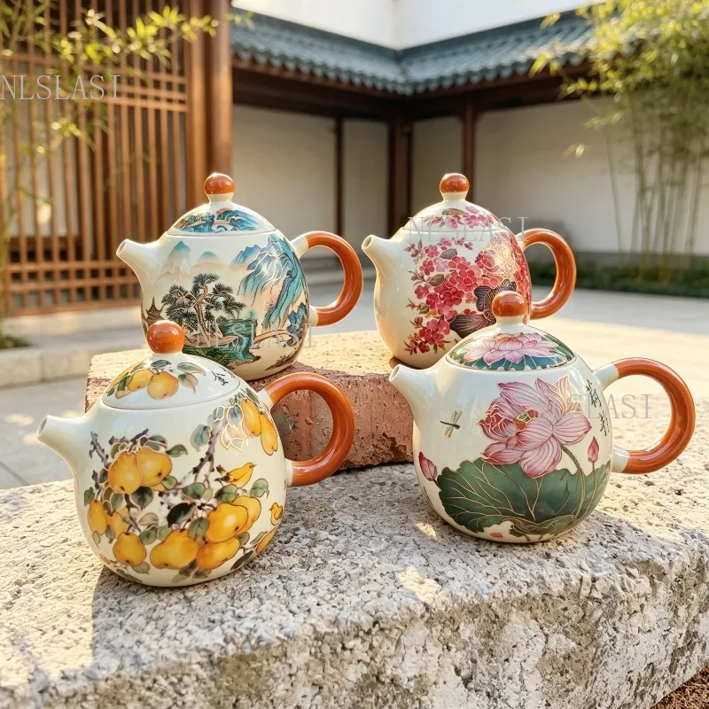 Chinese style Dragon Egg Pot Vintage Glaze Floral Scenery Pattern Porcelain Teapot With Orange Curved Handle Traditional Tea Pot