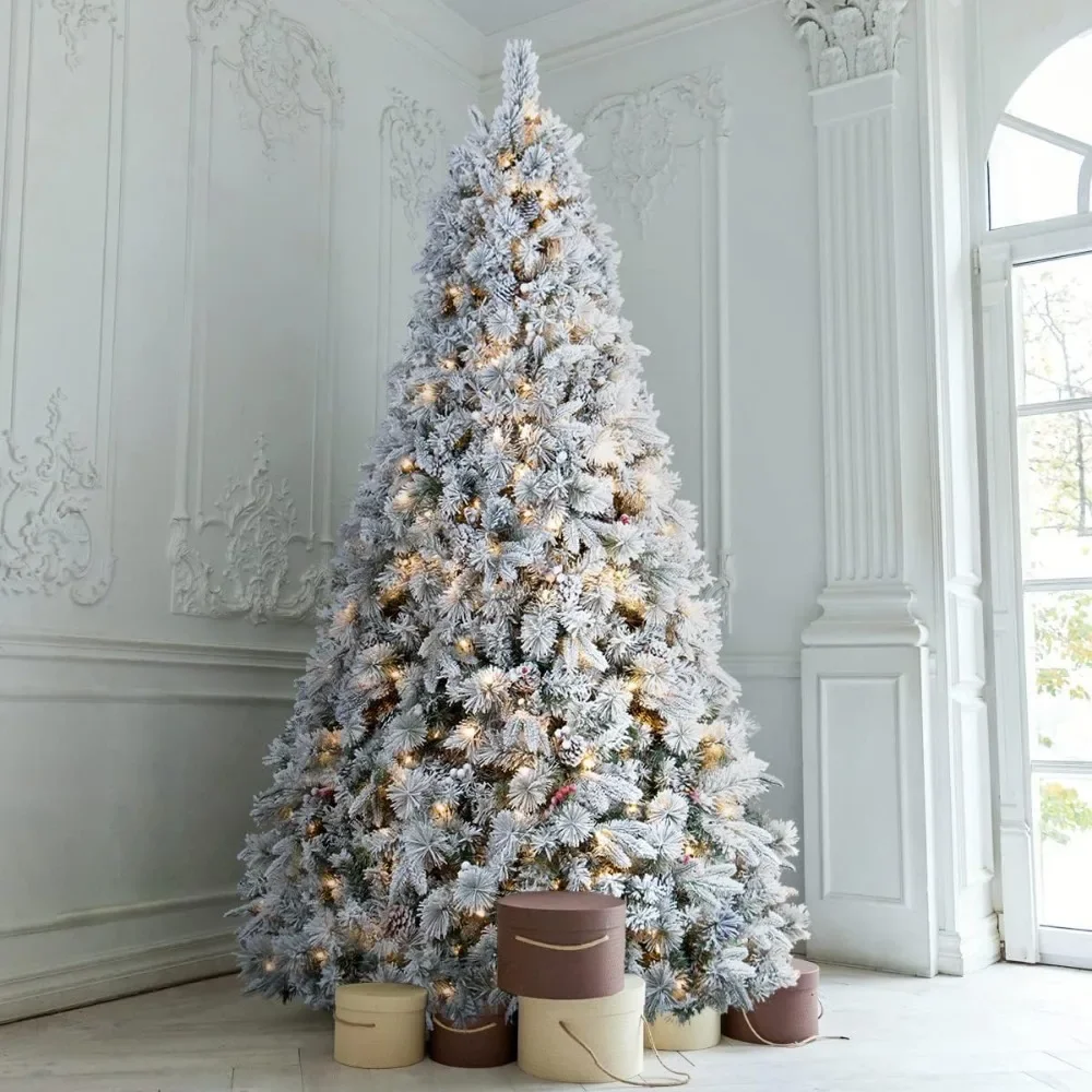 9-foot Tall Plush Christmas Tree Pre Lit, White Christmas Tree with Lights, Pre Lit with 700 Warm Lights for Holiday Decoration