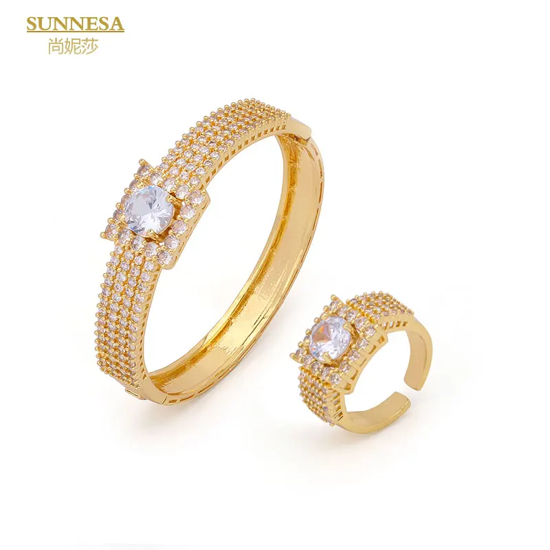 SUNNESA 18k Gold Plated Full Rhinestone Dubai Jewelry Set Luxury Big Zircon Cuff Bracelet Ring for African Women Wedding