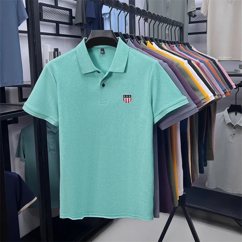 Men's Summer Luxury 100% Cotton Polo Shirt, Lapel Print Short Sleeve T-shirt, Breathable Business Casual Menswear
