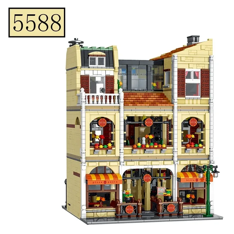 Ensemble de blocs de construction modulaires Pizza Hut à grande échelle, 5588 pièces, modèle de restaurant urbain avec intérieur détaillé et figurines, kit de construction DIY pour adultes, jouets d'assemblage, cadeau idéal pour anniversaire ou vacances, décoration de la maison