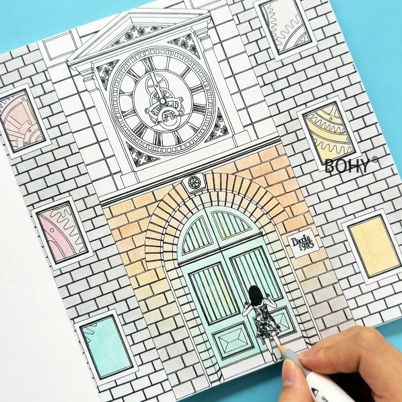 1 Adult Decompression Coloring Album, Include Themes Such As Mechanical Gears, European Town Streetscapes, Cherry Blossom Trees