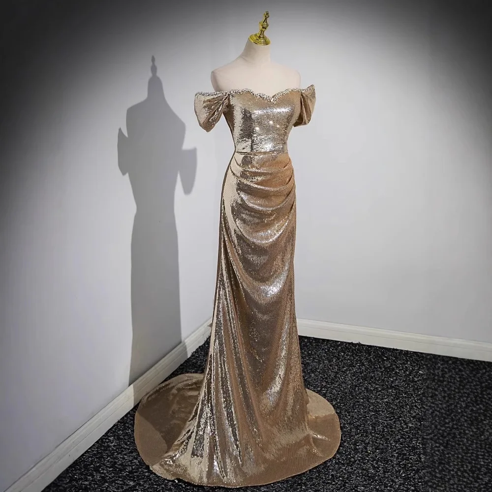 Sereia vestidos de noite lantejoulas douradas sem mangas rendas tapete vermelho brilhante celebridade vestido de baile fora do ombro sem costas vestido de festa