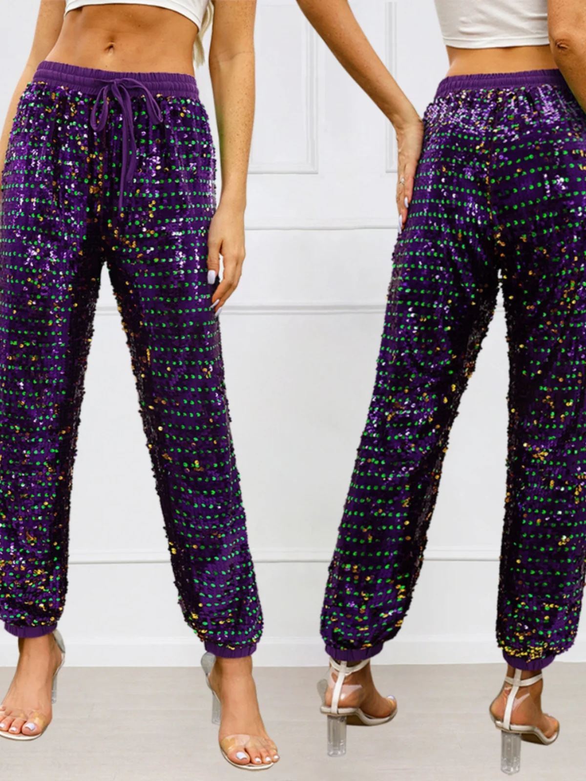 

iny Sequin High Waist Loose Straight Leg Pants Slimming Long Trousers Women's Casual Faion plus Size Polyester Fiber