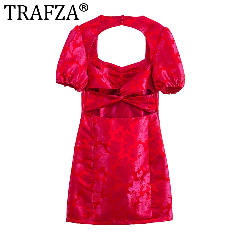 TRAFZA Women Fashion Dresses Printing Square Collar Puff Short Sleeves Backless Decorate Buttons Female Summer Sexy Mini Dress