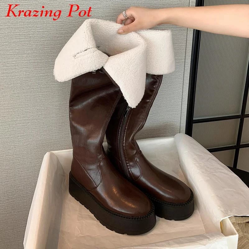 

Krazing Pot Microfiber Fur Round Toe Thick High Heels Riding Snow Boots Winter Street Wear Keep Warm Buckle Over-the-knee Boots