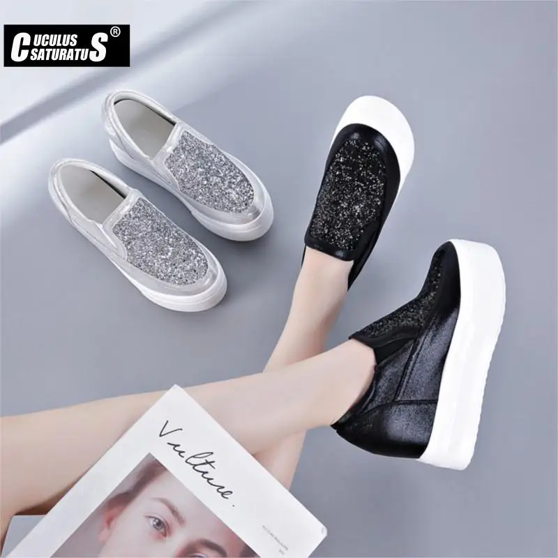 2022 New Genuine Leather Platform Wedge Sneakers Women Fashion Thick Bottem Sneakers Casual Shoes Women Increase Vulcanize Shoes