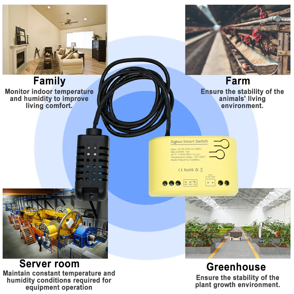 Zigbee sensor de monitoramento de temperatura e umidade ac DC7-32V 5-250v tuya módulo de interruptor inteligente 433 rf relé de controle remoto alexa