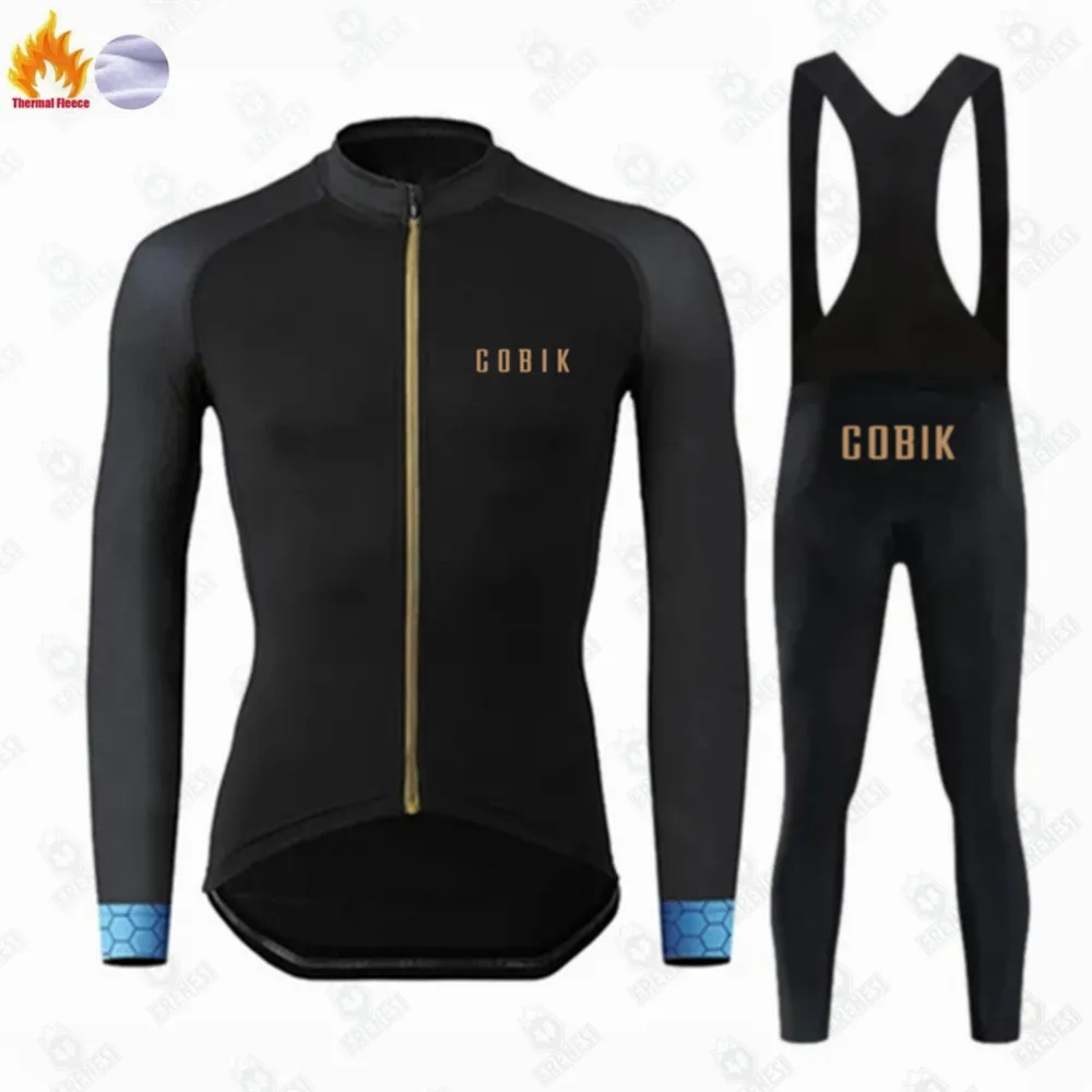 Cobik-Thermal Fleece Cycling Jacket for Men, Long Sleeve Bib Tights Set, Bike Tights, Retro Road Uniform, Winter, New