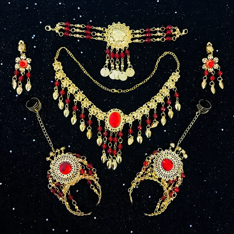 Indian Dance Jewelry Set belly dance Jewelry Female Forehead Chain Accessory Eyebrow Drop Nose Chain Earring Bracelet Nail Set