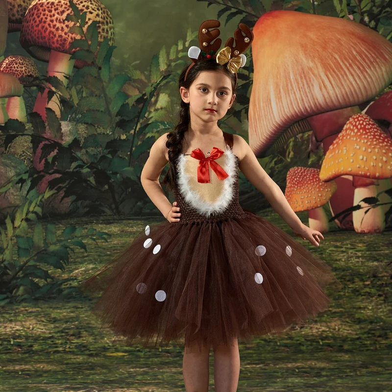 New Arrival Girls' Reindeer Christmas Carnival Dress Children's Festive Party Stage Tulle Puff Skirt Reindeer Animal Costume