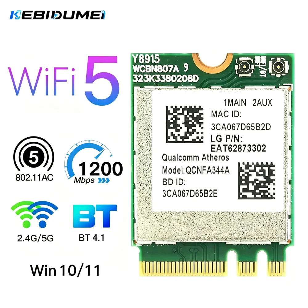 KEBIDUMEI WiFi 5 NGFF Wireeless Network Card Bluetooth 4.1 1200Mbps 2.4G/5G 802.11AX For Desktop/Laptop For Win10/11