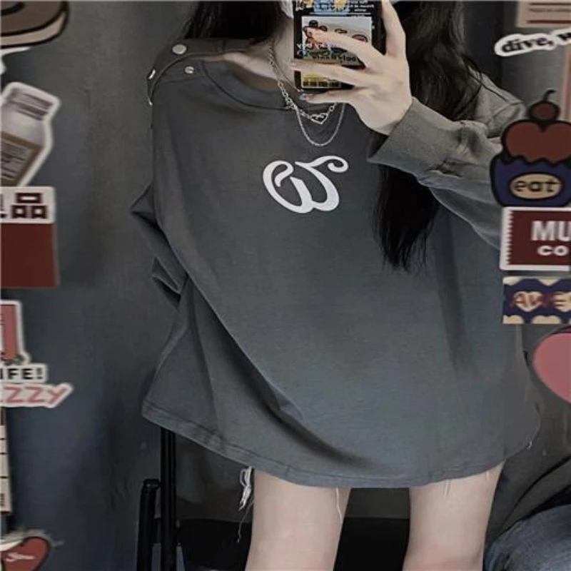 Vintage Off Shoulder Button T Shirt Tops Long Sleeve Solid Loose All-match Street Casual Hoodie Korean Fashion Women Clothing