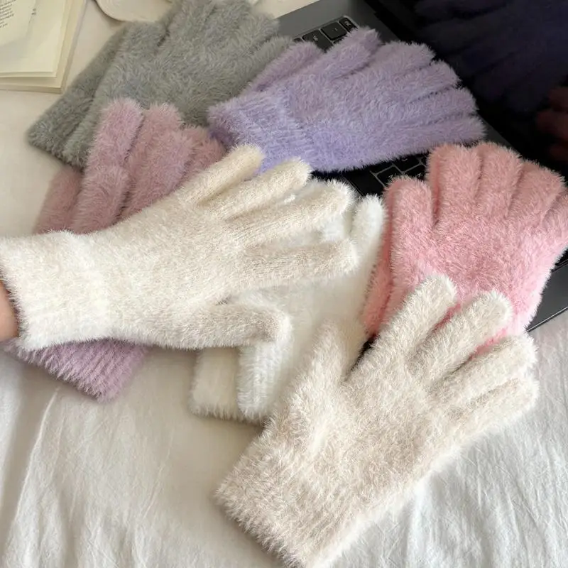 Neue Imitation Nerzfell-Strickhandschuhe Winter Warme Dicke Samt-Fünf-Finger-Handschuhe Damen Outdoor Radfahren Einfarbige Fäustlinge