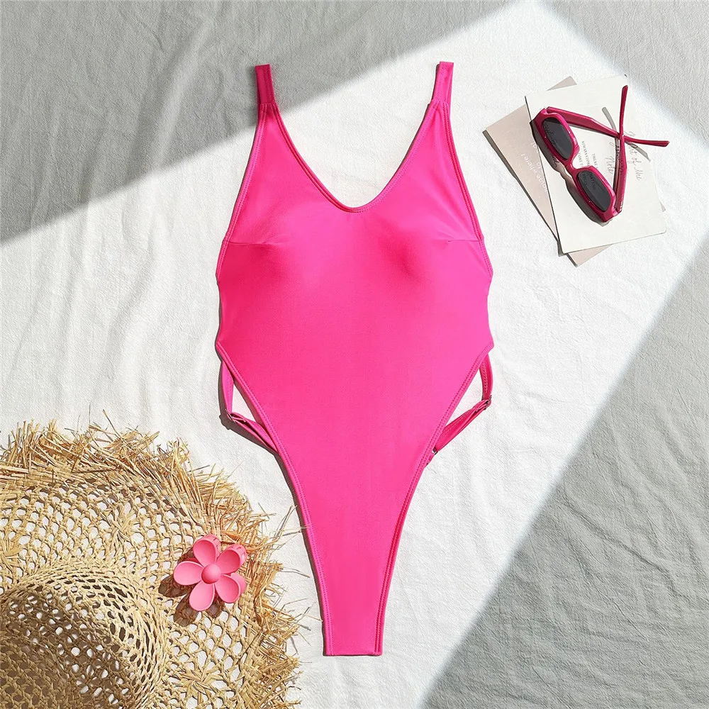 

НОВЫЙ Женский слитный купальник монокини, однотонный, розово-красный, с высоким вырезом, для пляжа и плавания, сексуальный, с открытой спиной