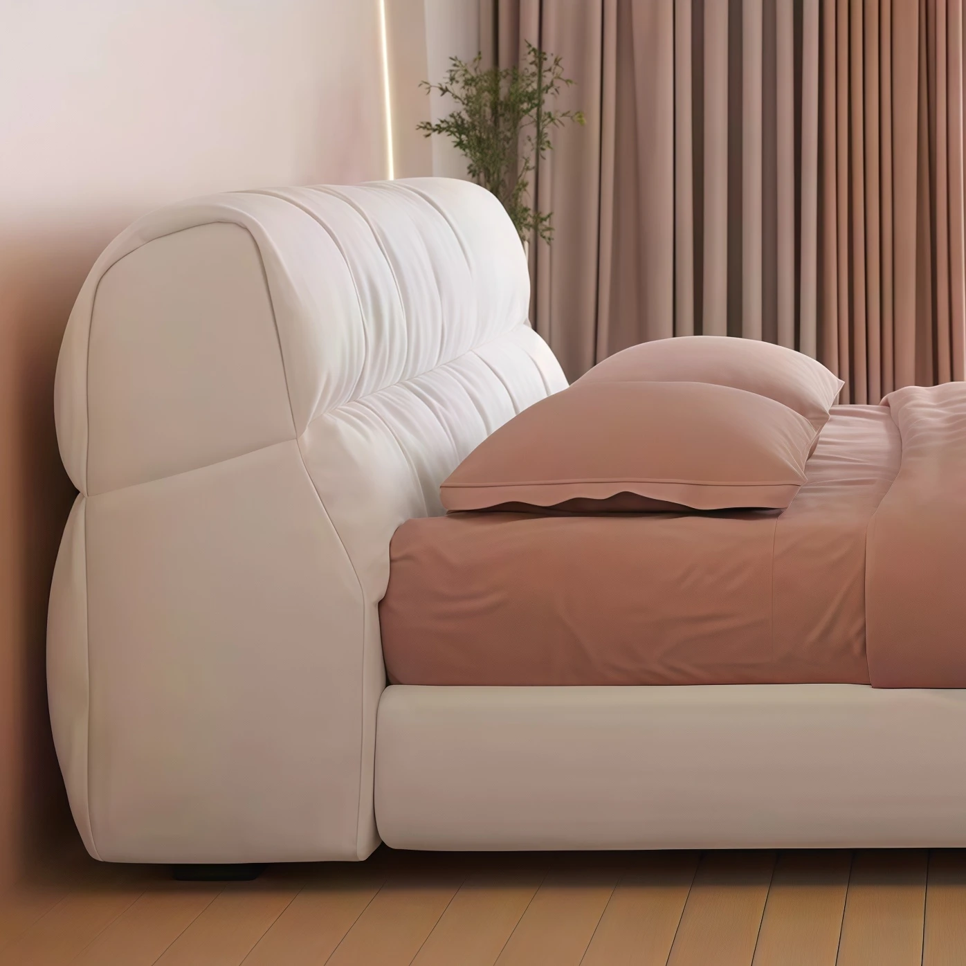 #Plaid Leather Bed Modern Minimalist Wood Frame Cloud Soft Bag Double Floor Bed Solid Wood Master Bedroom Bed - view 3
