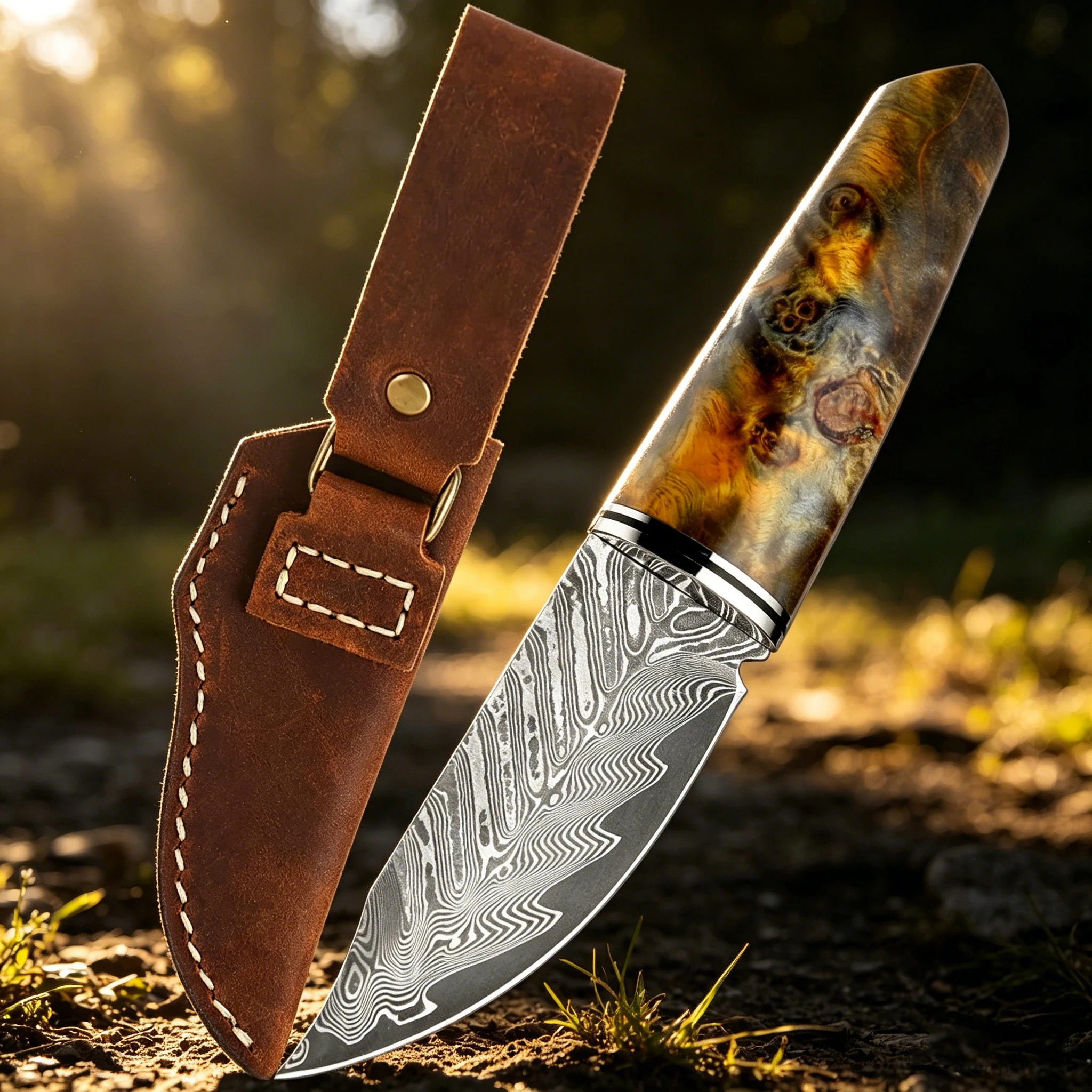 XITUO Fixed Blade Hunting Knife Fruit Knife Damascus Steel Blade Stable Wooden Handle with Leather Sheath for Outdoor Camping