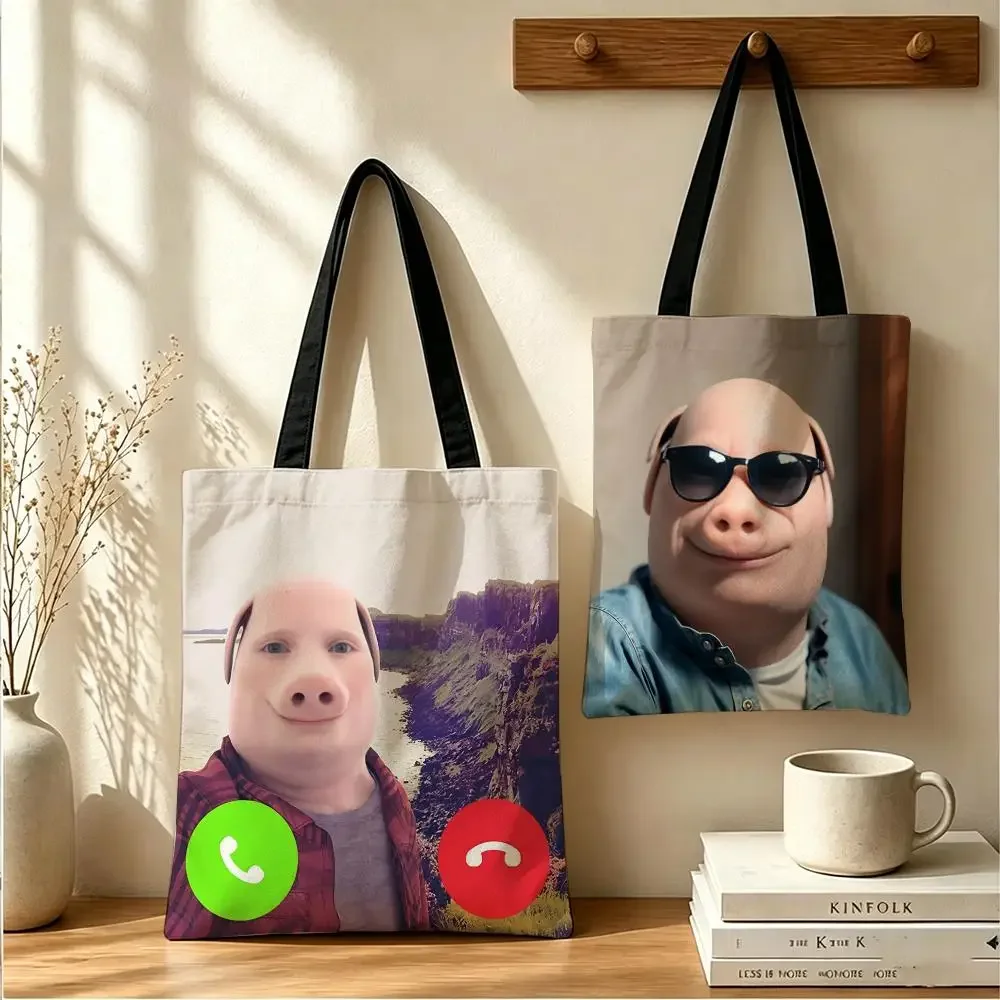 John Pork Is Calling Storage Bags Large Capacity Canvas Tote Bag Double-Sided Print Shoulder Handbag for Daily Shopping