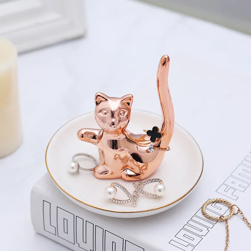 Ceramic Kitten Jewelry Plate, Rose Gold Cat Ring Stand, Wedding Ring Earrings, Diamond Ring Display Stand, Family Storage Gift