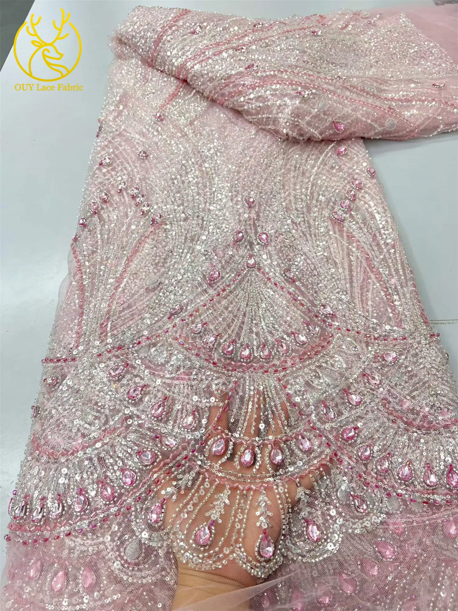Neues Design Elegante französische nigerianische Diamant-Perlen-Spitze, rosa afrikanischer Pailletten-Netzstoff für Brautkleider zum Nähen – Detail 8