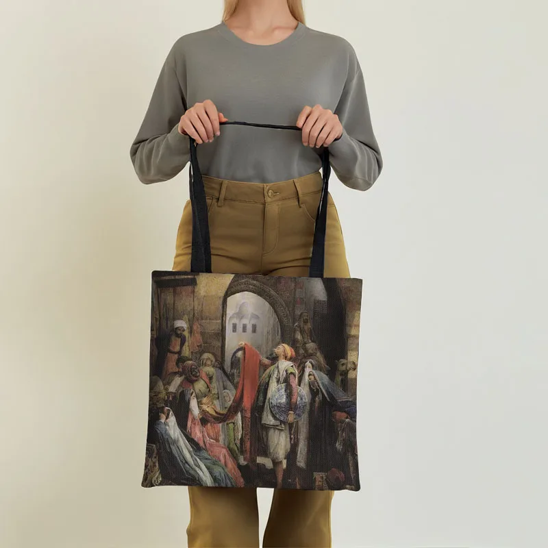 Famous Art Oil Jean Gerome Printing Handbag Arabs Living Landscape Shoulder Bags Women Large Capability Shopping Bag Gift