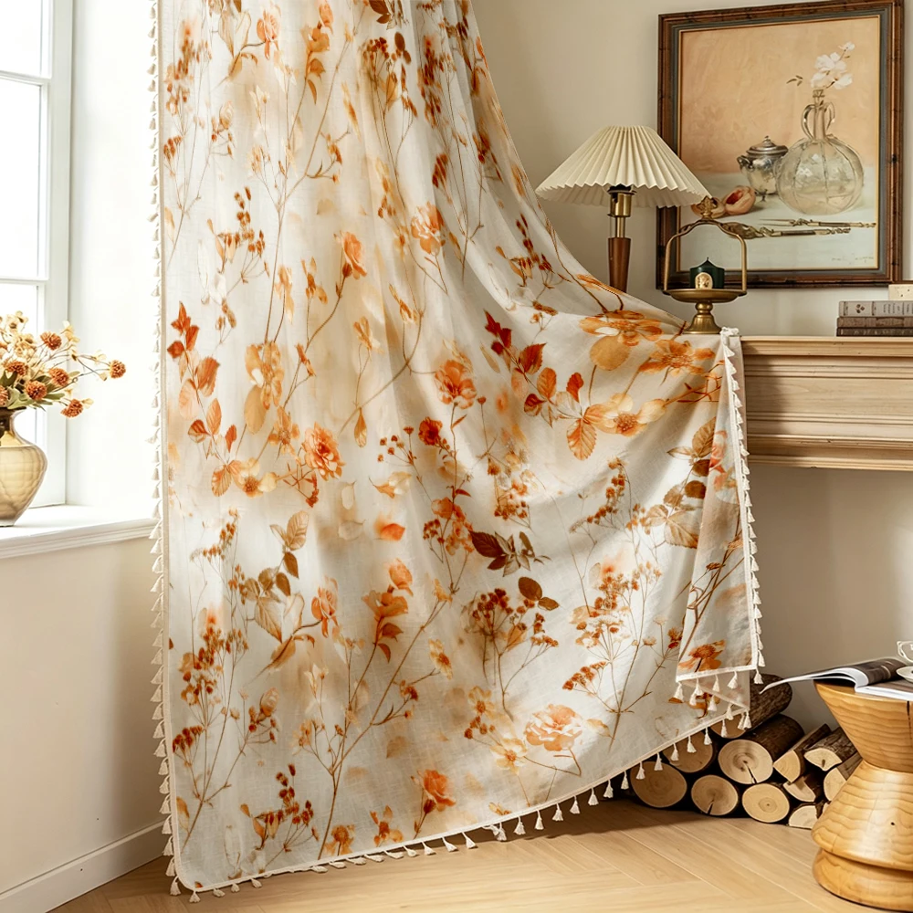 1PC Floral Tassel Sheer Curtains, Warm Tone Floral Branch Garden Pattern, Digital Print, Linen Polyester, Farmhouse Decor
