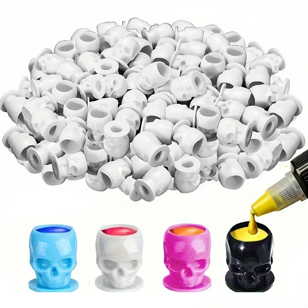 200/50Pcs Disposable Skull Tattoo Ink Cups Permanent Makeup Microblading Coloring Pigment Cups Caps Container Tattoo Accessories