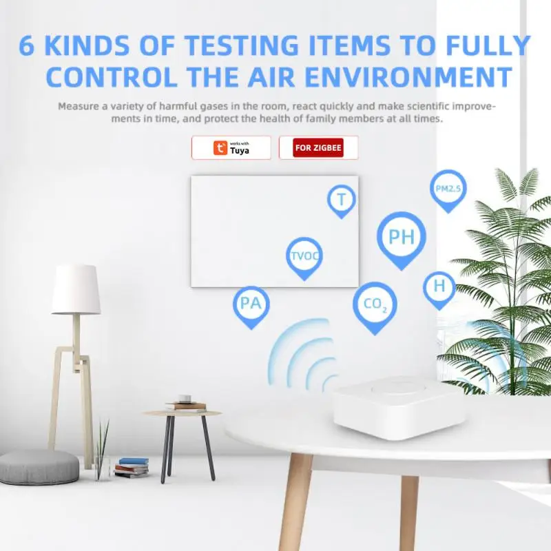 Tuya Zigbee WiFi 6 In 1 Air Quality Detector PM2.5/Formaldehyde/VOC/CO2/Temperature/Humidity Tester Automation Alarm Detector