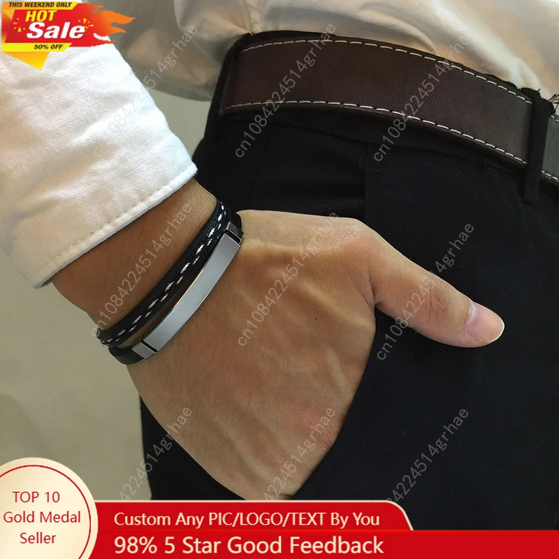 

Vnox Unique Sew Lines Genuine Leather Bracelets for Men Women Stainless Steel Bar Layered Bangle Causal Pulseira