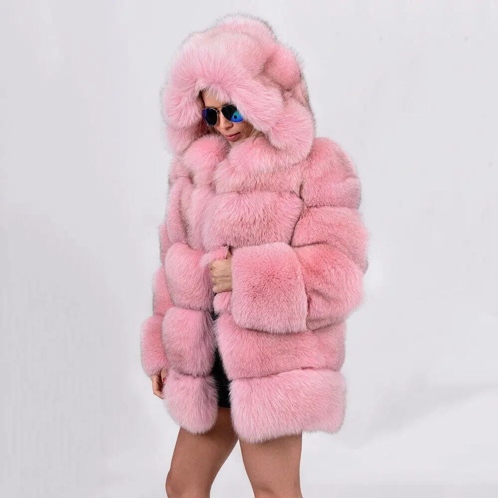 Mode Roze Dames Echte Vossenbontjassen Elegante Natuurlijke Bont Capuchon Warme Dikke Overjas Vrouwelijke Winter Echt Bont Jas