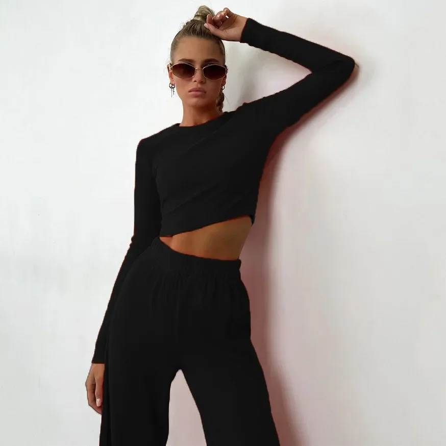 2025 Women's Spring Autumn Trouser Sets Lady's Slim O-neck Long Sleeve Tops + Elastic-waisted Wide-leg Pants Women Trousers Sets