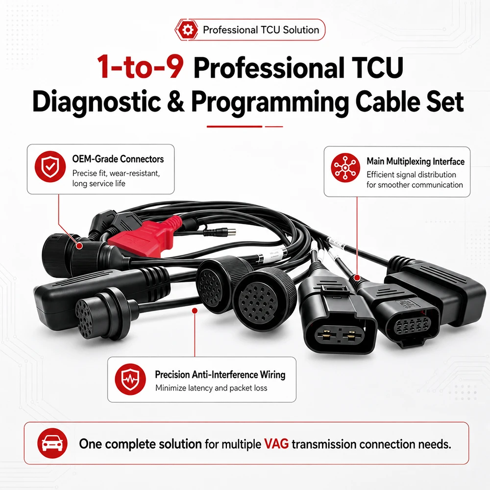 VAG DSG TCU Cable Set 9-in-1–DQ200 DQ250 DQ381 DL382 DQ500+VL381 DQ400e DL501 – Bench Flash Read Write Clone for PCMflash Ktag