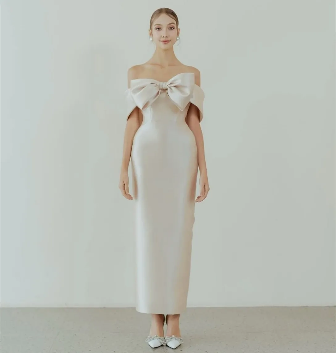 

Customized Short Satin Evening Dresses with Slit Mermaid Off Shoulder Pleat Ankle Length Wedding Guest Dress for Women