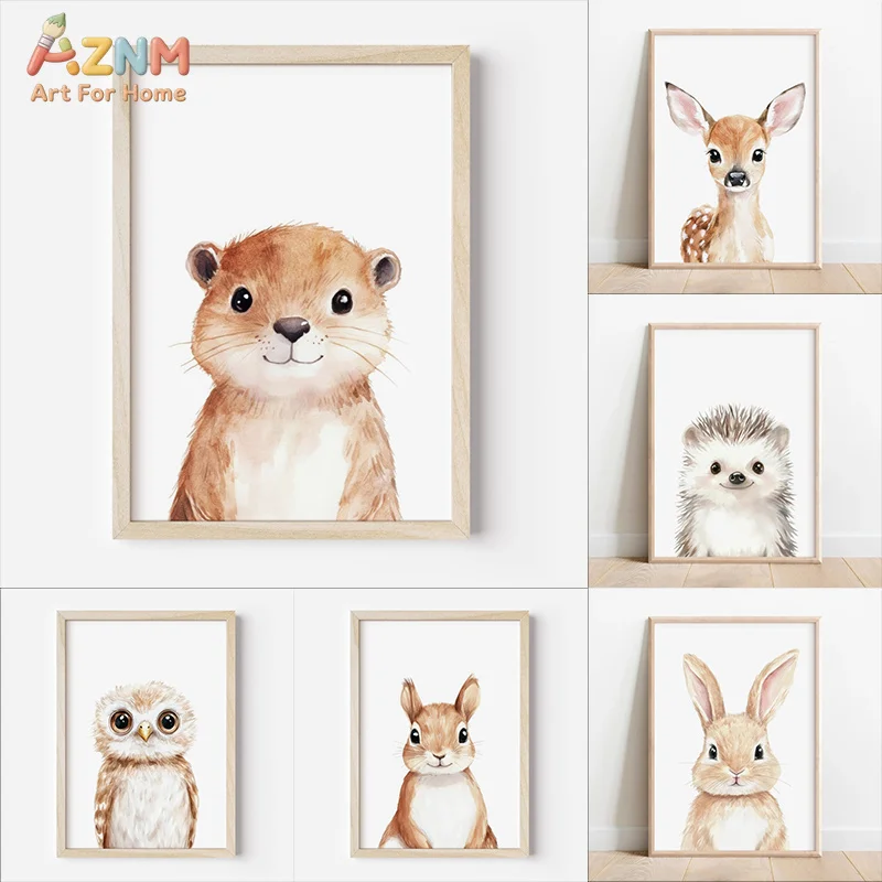 AZNM Lienzo Decorativo de Acuarela con Animales del Bosque: Ardilla, Ciervo, Erizo, Búho, Conejo, Castor - Impresión de Vida Silvestre Adorable sin Marco