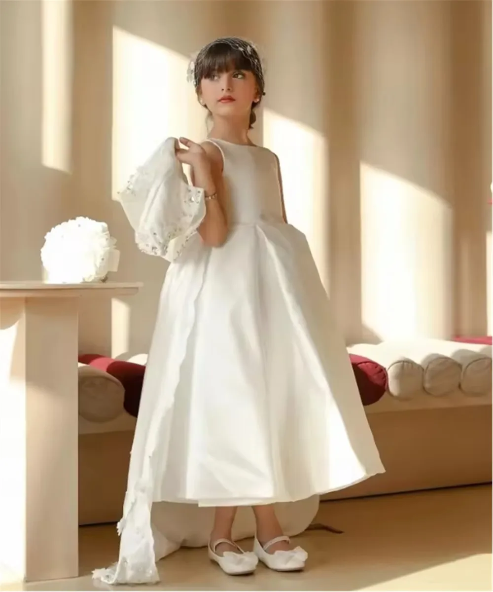 ชุดเดรสเด็กหญิงงานแต่งงานผ้าซาตินสั่งทำพิเศษ ประดับด้วยลูกไม้ ผ้าคลุมไหล่ สง่างาม สไตล์เจ้าหญิง สำหรับพิธีศีลมหาสนิทครั้งแรก งานฉลองวันเกิดครบ 15 ปี และงานพิธีการต่างๆ