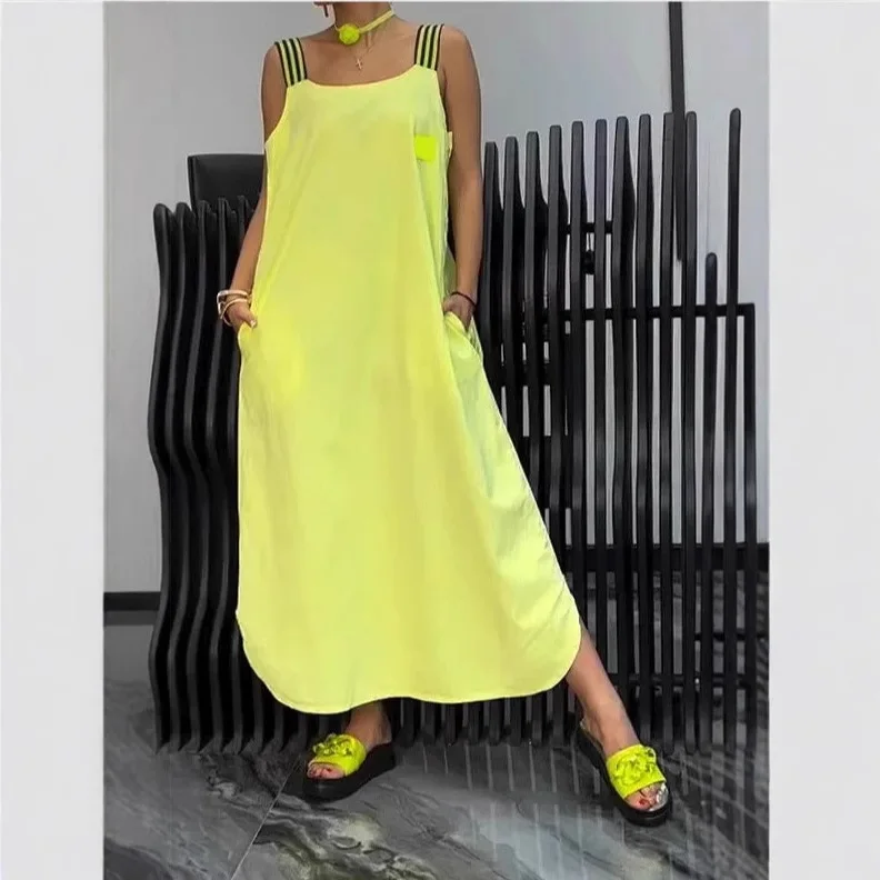 

Spring Summer Fashion New Solid Women Cotton Linen Dresses Sexy Square Neck Sleeveless Suspender Slit Casual Loose Robe Femme