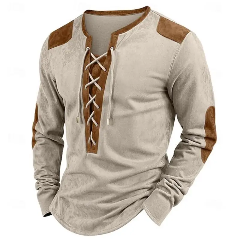 Autumn Winter Patchwork Henry Collar T-Shirts Men Street Style Long Sleeve Drawstring Vintage Tees Tops Male Loose Casual Tshirt