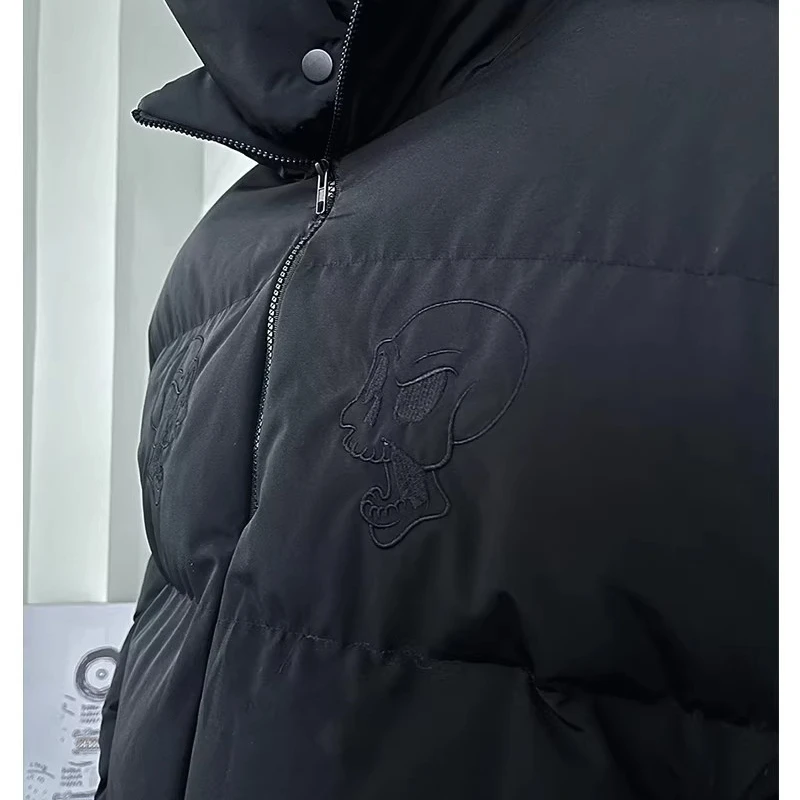 Men Warm Puffer Jacket High Street Fashion Devil Horns Masked Thicken Winter Parkas Y2k Hooded Zip Up Unisex Outwear Black