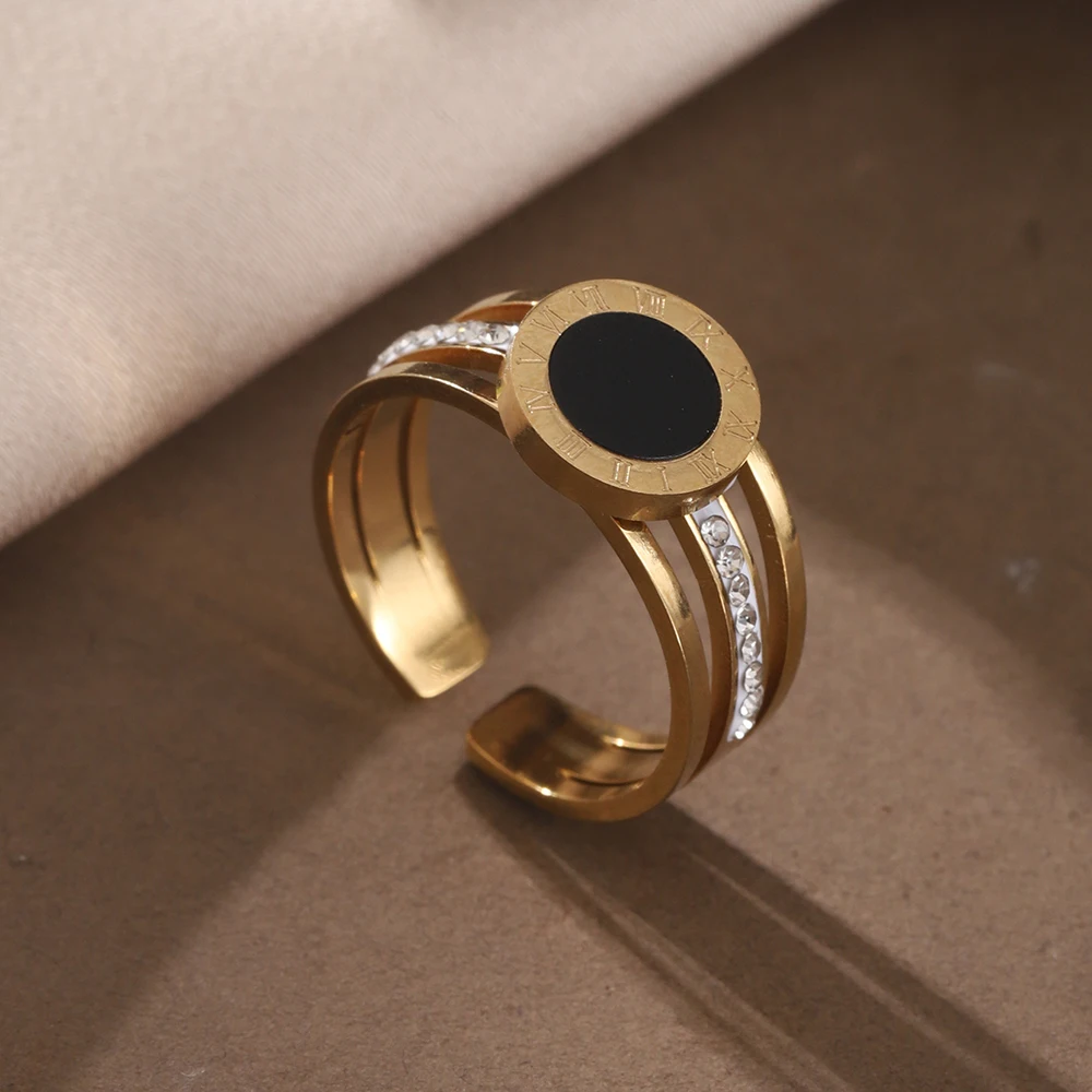 Fashion Geometric Open Stainless Steel Ring for Women Accessories Inlaid Rhinestone Gold Color Ring Daily Party Jewelry Gift