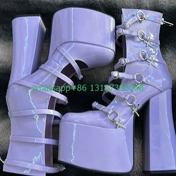 

Lady purple color PU Mary Janes calf boots chunky heel elegant cut-out vintage boots party dance platform hollow boots size 46