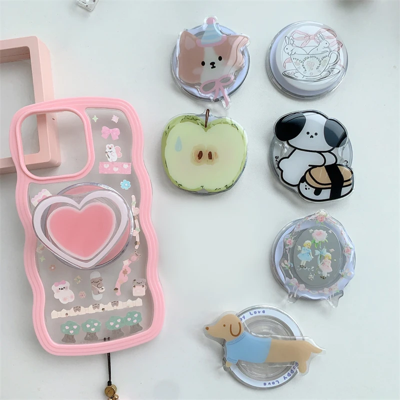 Korean Cute Cartoon Apple Heart For Magsafe Magnetic Phone Griptok Phone Holder Stand Universal Phone Ring Grip Tok For iPhone