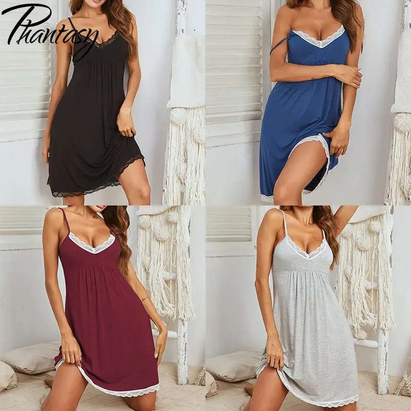 

Phantasy Sexy Sleeveless Dress Nightgown Solid Color Lace V-Neck Pajamas Summer Women's Clothing Fashionable Cotton Nightgown