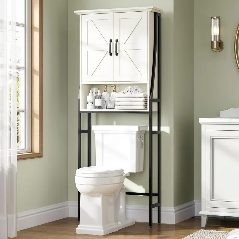 Above the bathroom storage cabinet with barn doors behind the bathroom toilet organizer