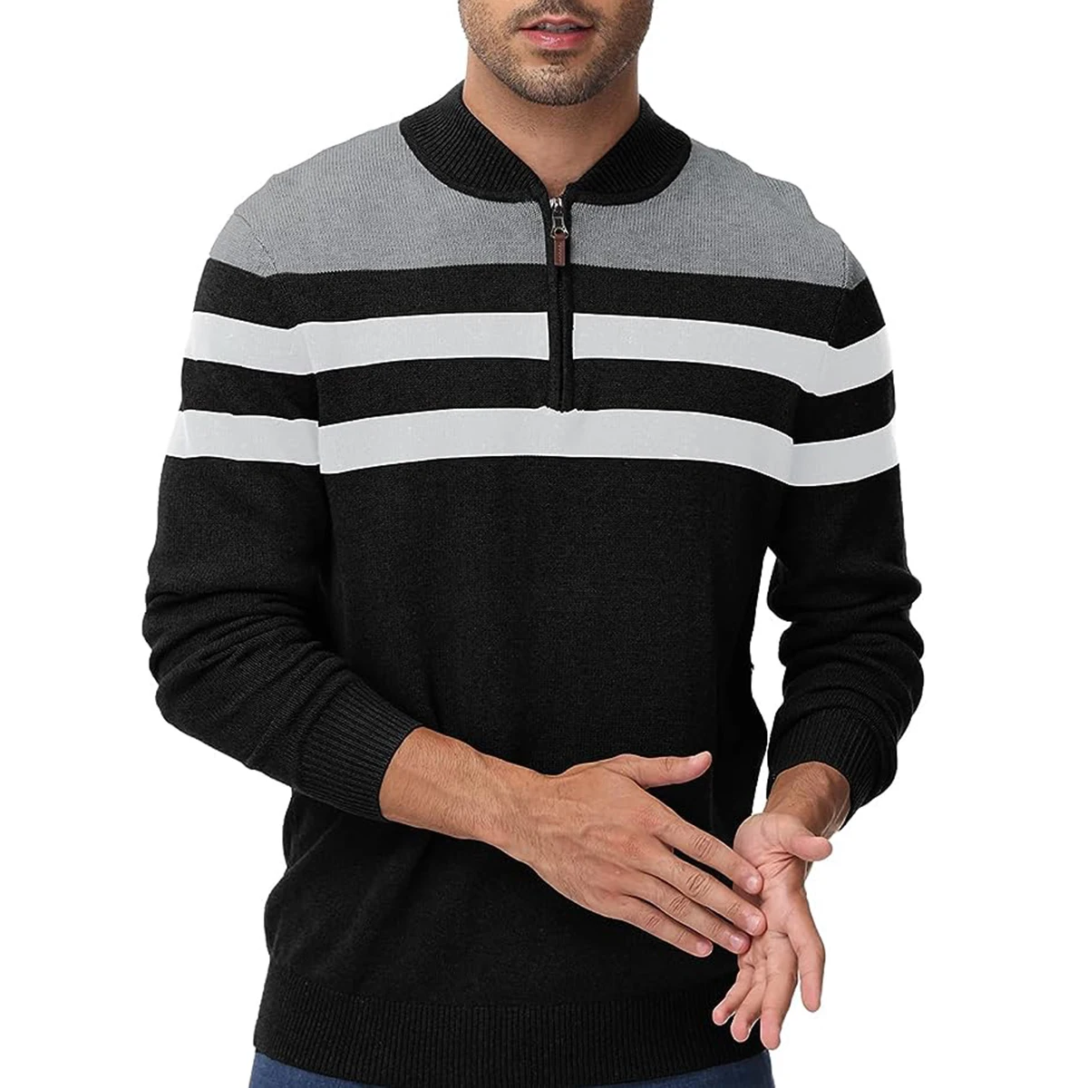 Sweater ritsleting pria, atasan kasual hangat bergaris Pullover musim gugur dan musim dingin