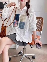 New Autumn Cotton Long Sleeve Shirt, Women Lapel Embroidery Patchwork Tops, Mori Girl Sweet Loose Blouses, Winter T488125QC